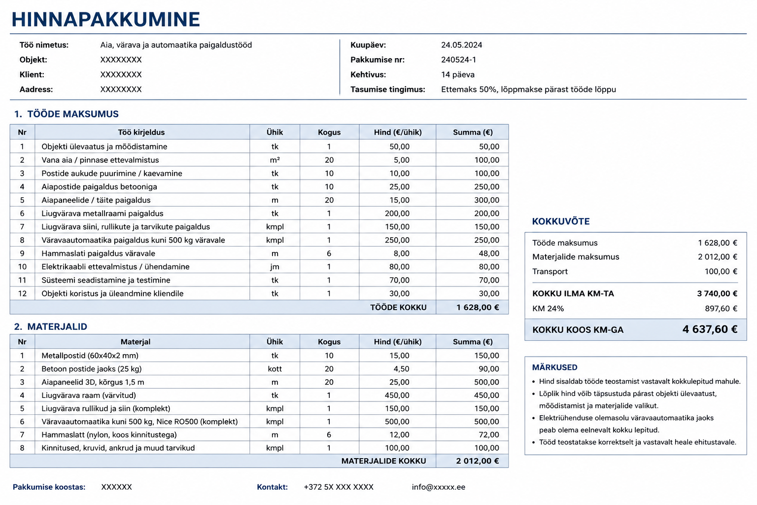 Objektipõhine hinnapakkumine ja kalkulatsioon